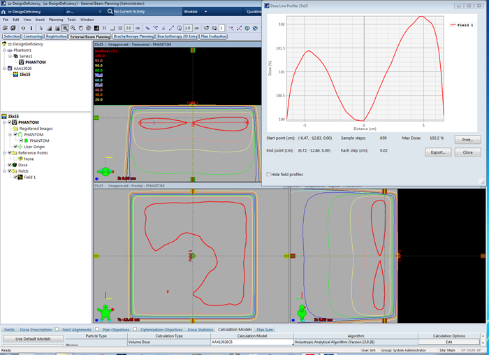 External Beam Planning, AAA13. 10MV, 15x15 cm field, dmax depth