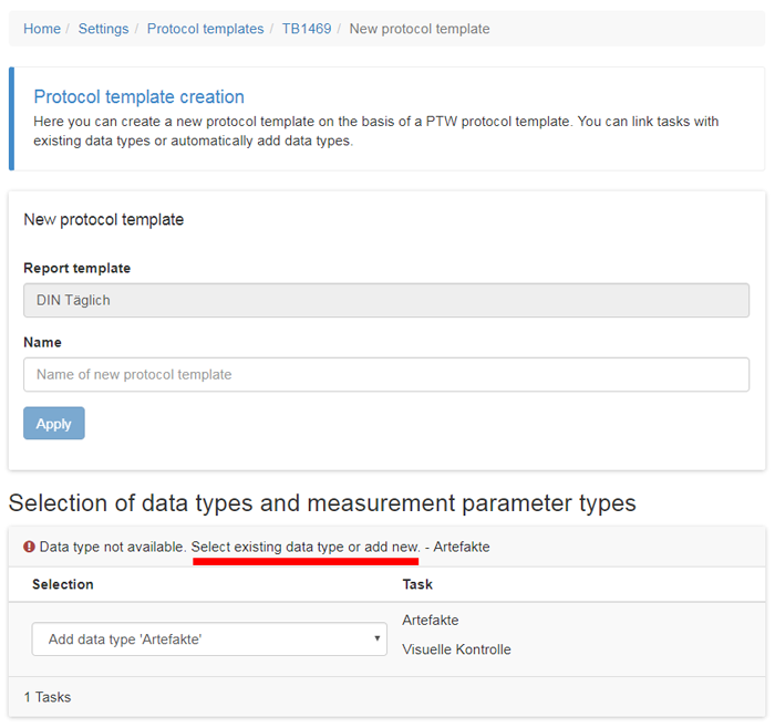 Adding new or selecting an existing Data type