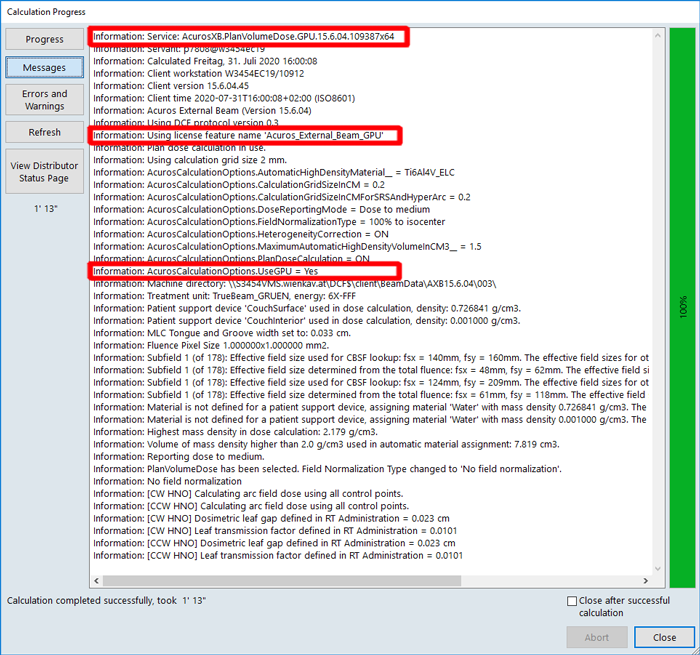 Messages during Acuros volume dose calculation with GPU