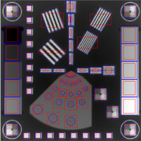 Automatically registered image with calculation areas in red and theoretical positions in blue